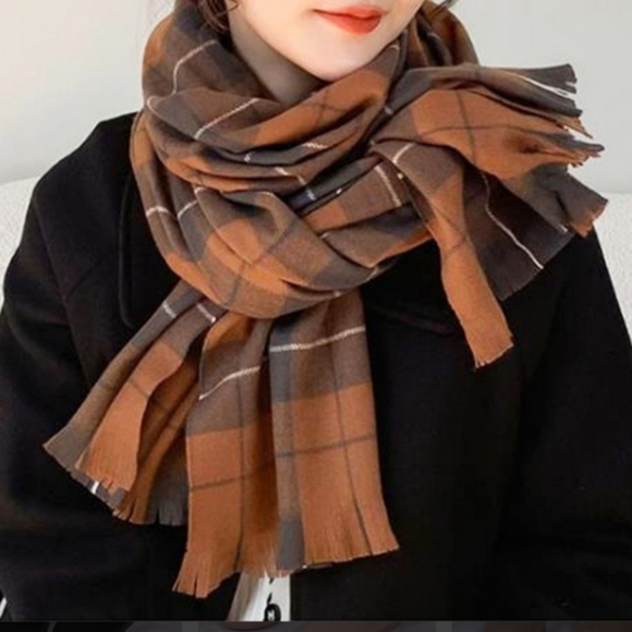 TRÏBE Plaid Patterned Blanket Scarf Wrap Camel & Brown NWT - Picture 1 of 3